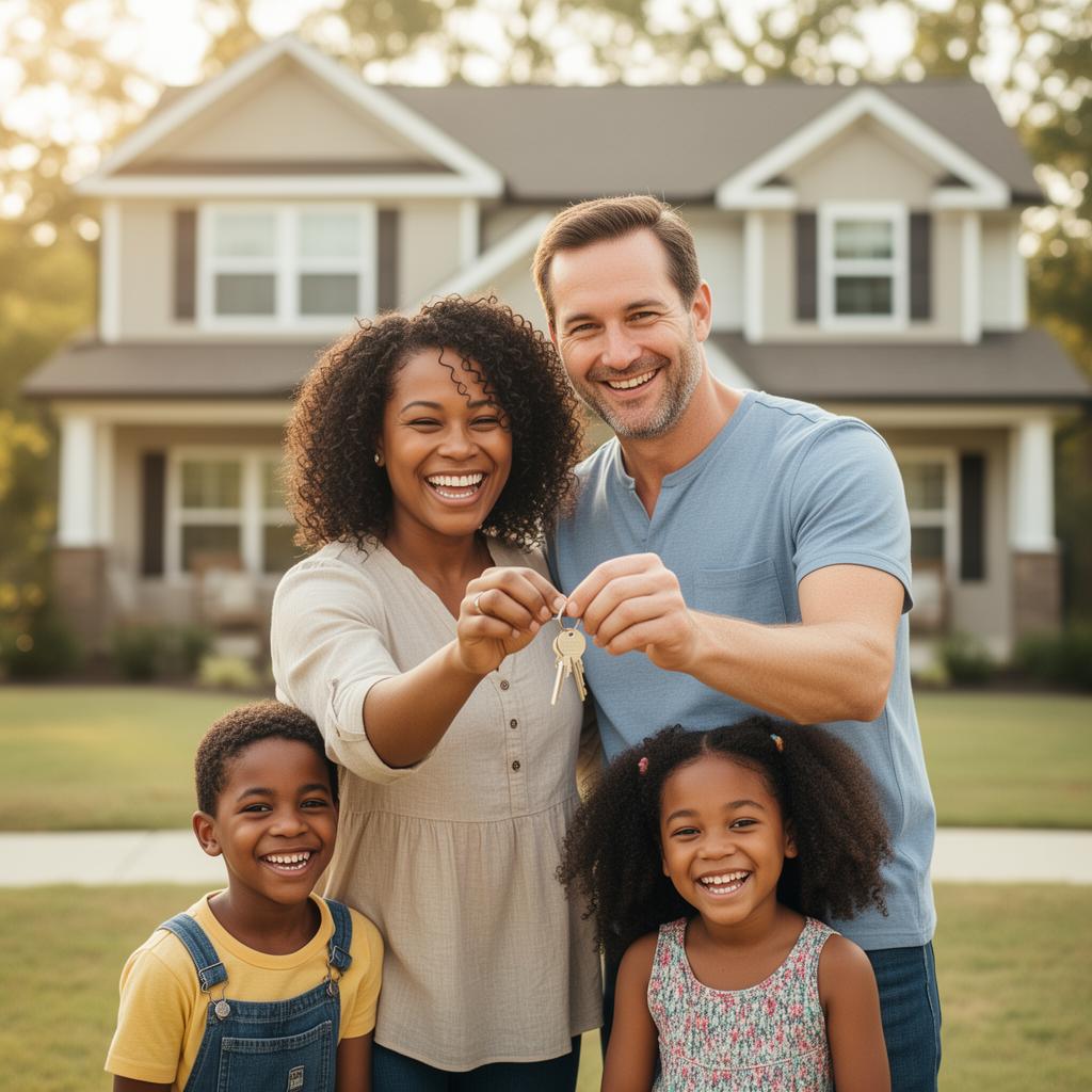 Happy biracial couple holding keys to their new home