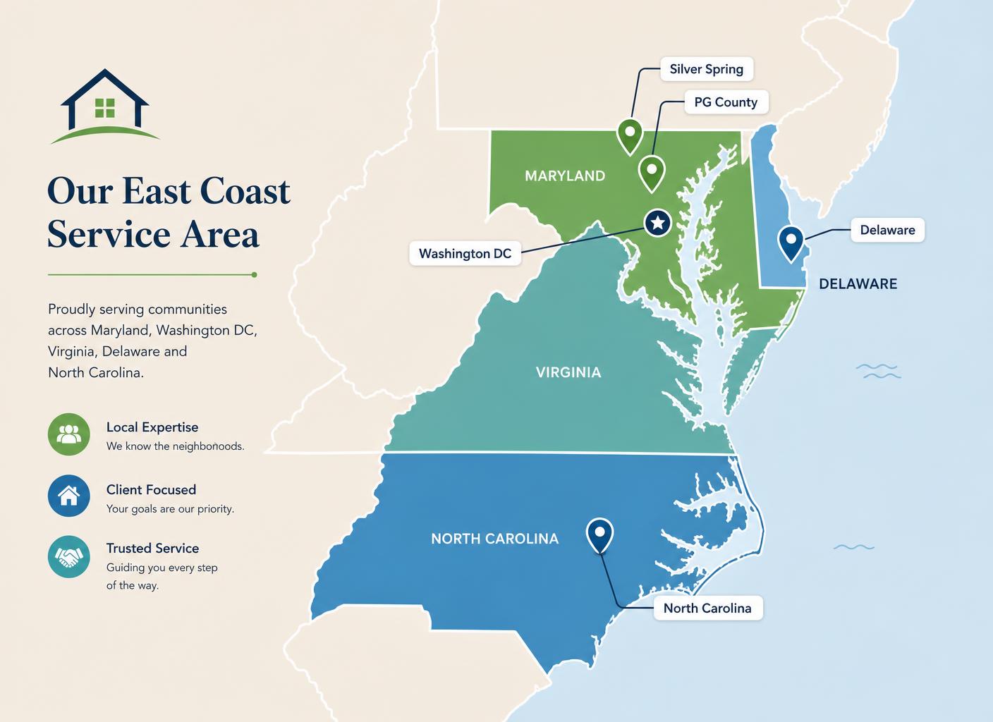 Map of the Hometown Homebuyers LLC cash home buying service area covering Delaware, Maryland, Washington DC, Virginia, Delaware and North Carolina